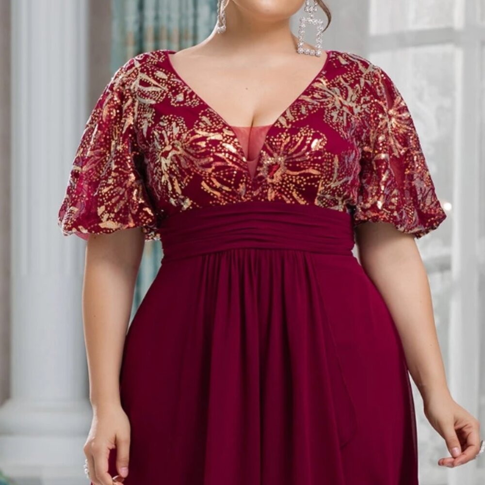 Plus Gold Floral Butterfly Sleeve Tulip Hem Chiffon Dress